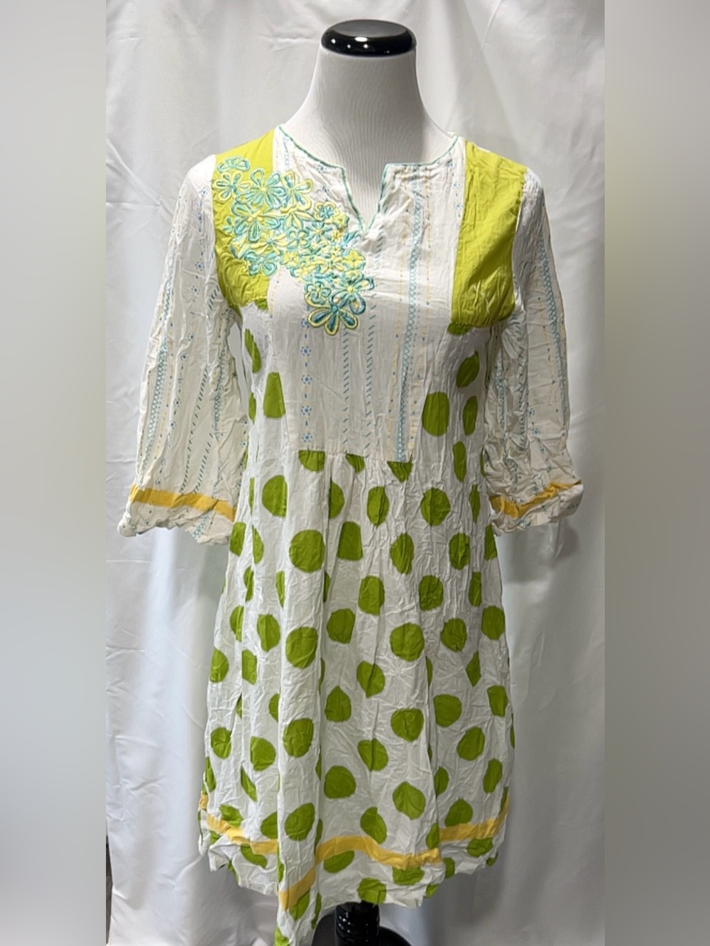 Maria B. Women's White Green Polka Dot Embroidered Tunica Kurti Tunic Dress M